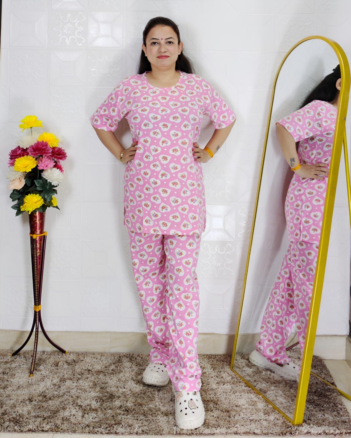 Women printed night suit set in premium hosiery cotton with cute pattern design
