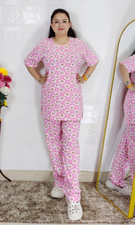 Women printed night suit set in premium hosiery cotton with cute pattern design
