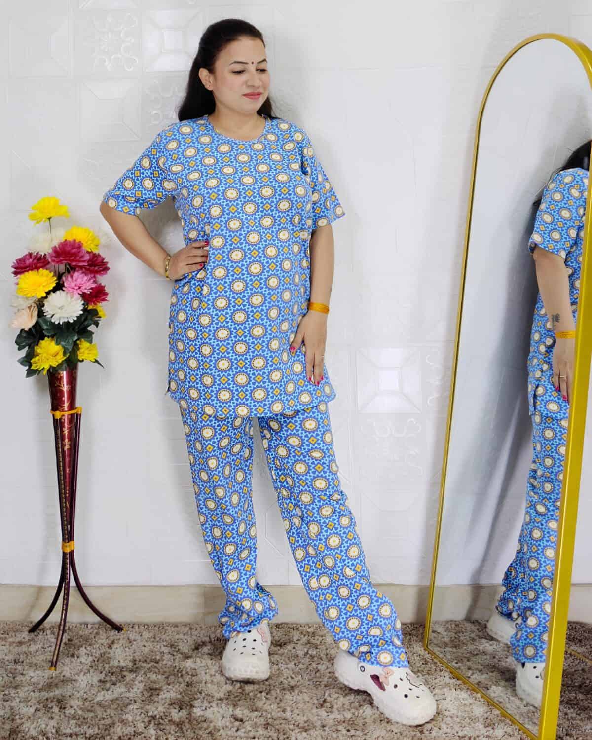 Women printed night suit set in premium hosiery cotton with cute pattern design
