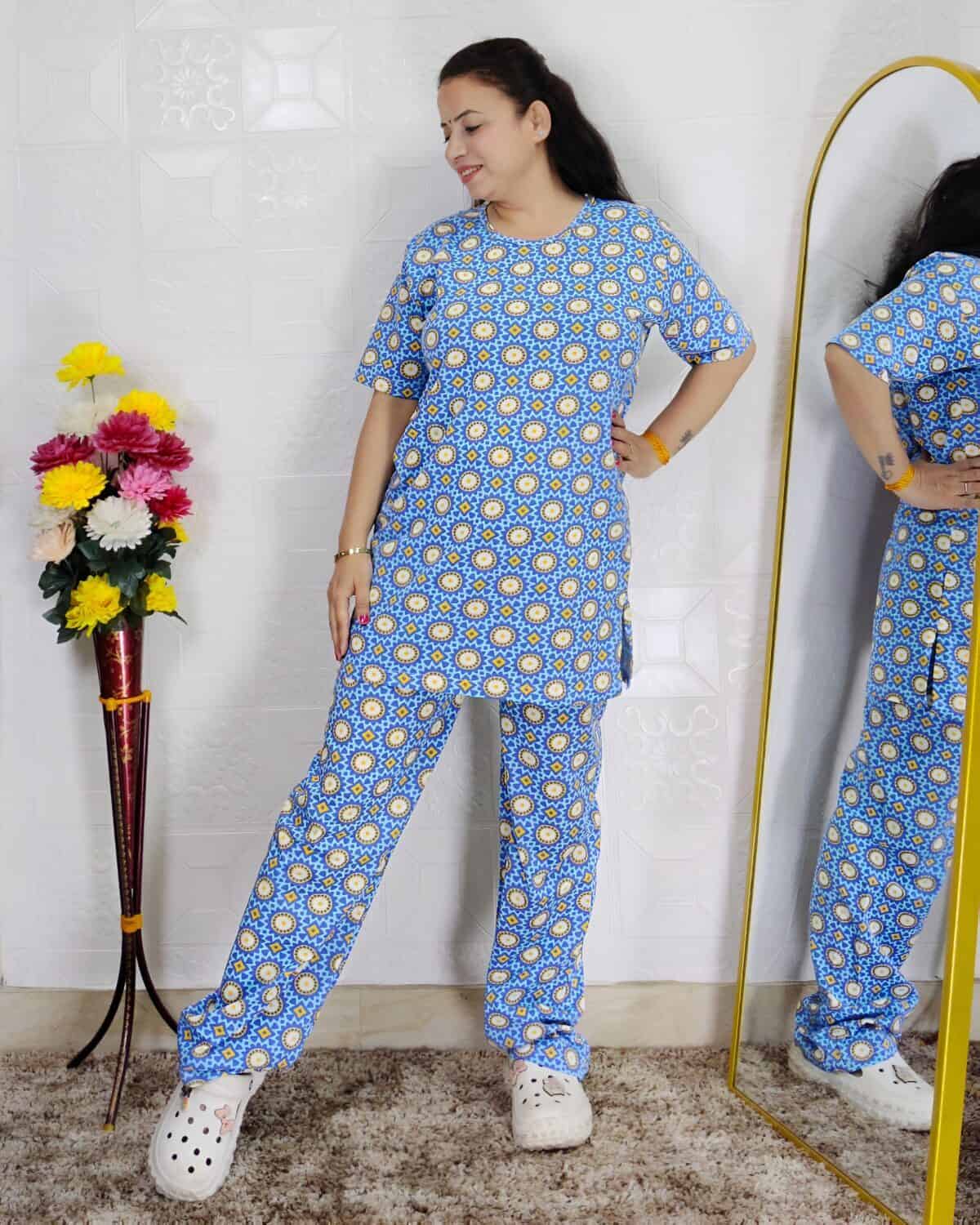 Women printed night suit set in premium hosiery cotton with cute pattern design