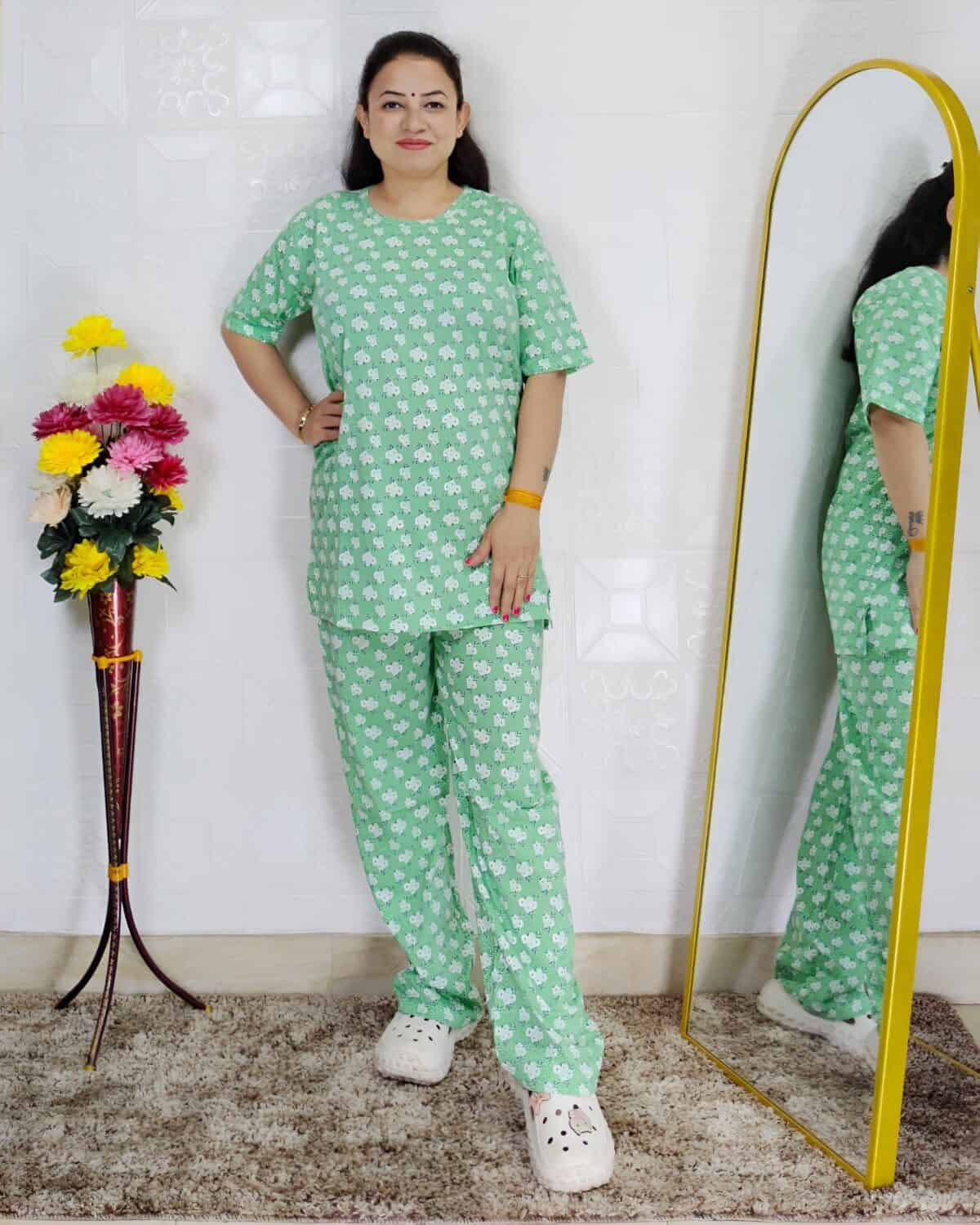 Women printed night suit set in premium hosiery cotton with cute pattern design