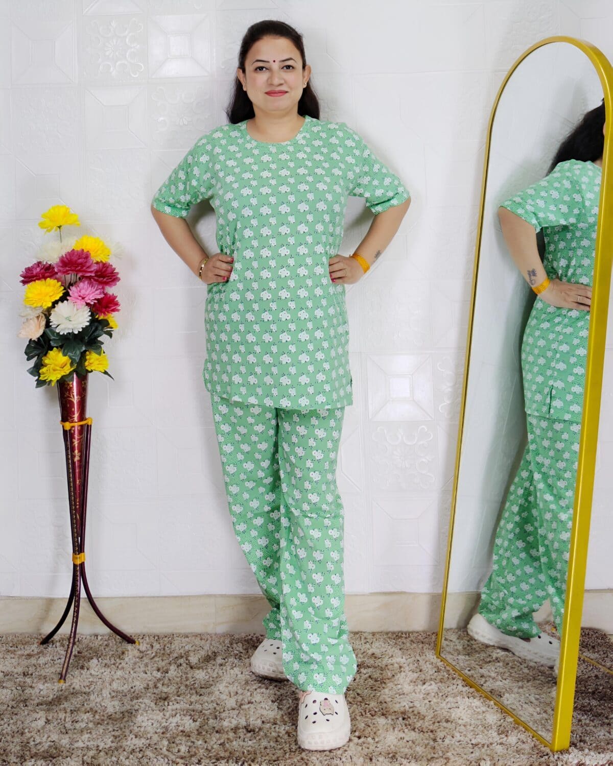 Women printed night suit set in premium hosiery cotton with cute pattern design