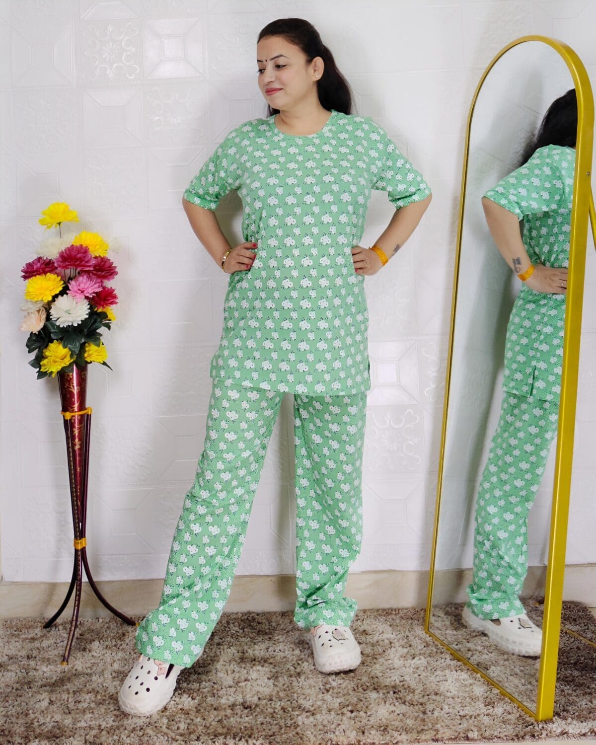 Women printed night suit set in premium hosiery cotton with cute pattern design