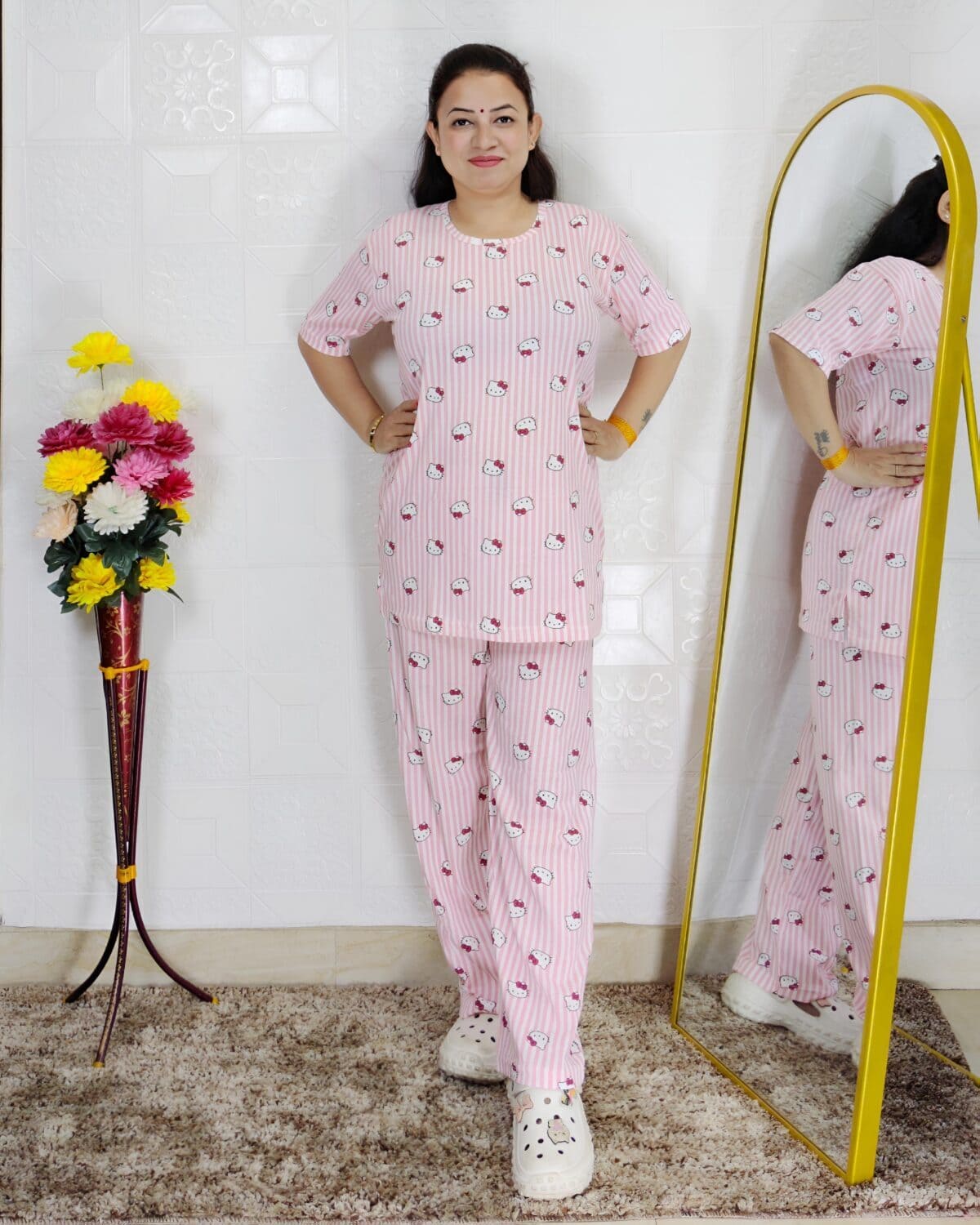 Women printed night suit set in premium hosiery cotton with cute pattern design