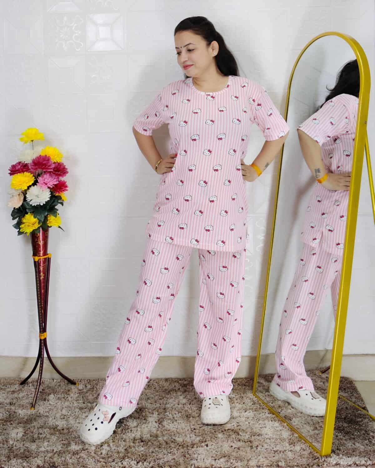 Women printed night suit set in premium hosiery cotton with cute pattern design