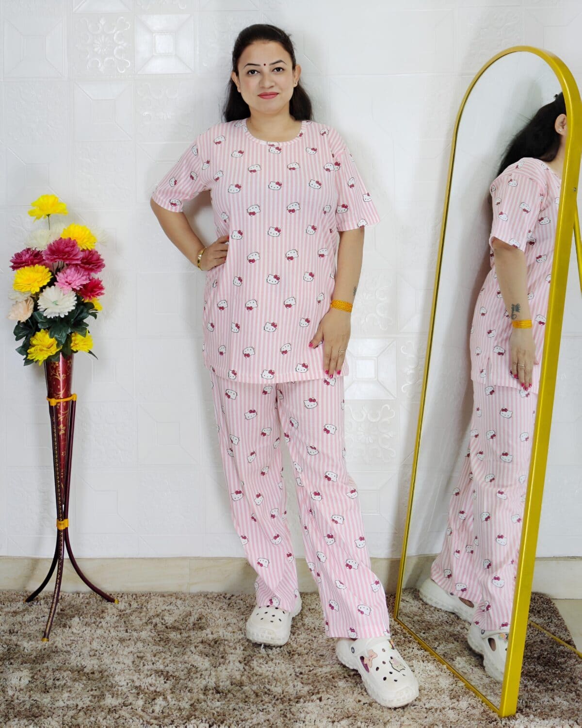 Women printed night suit set in premium hosiery cotton with cute pattern design