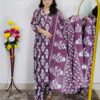 Dark wine printed pure cotton 3 piece suit set for women with traditional design
