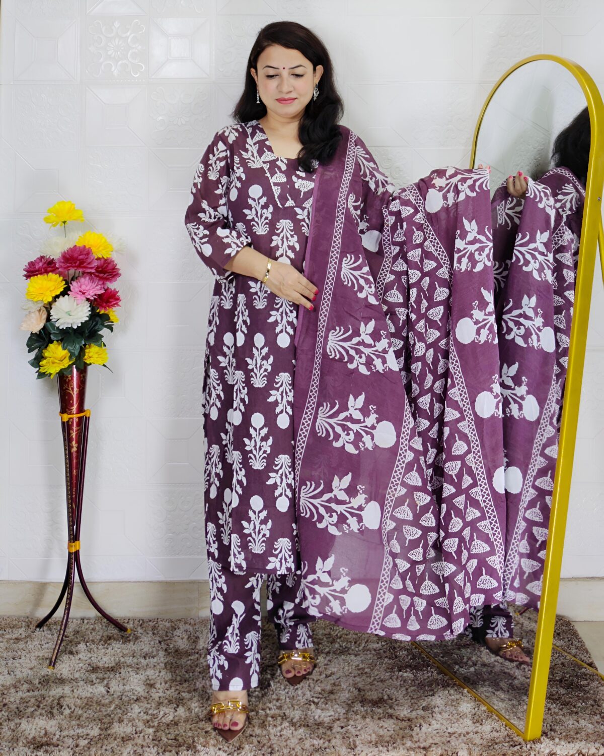 Dark wine printed pure cotton 3 piece suit set for women with traditional design