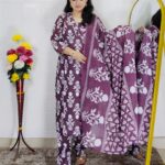 Dark wine printed pure cotton 3 piece suit set for women with traditional design