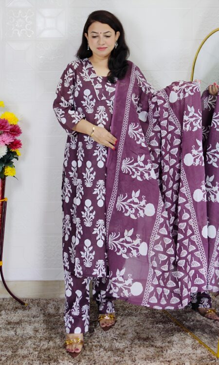 Dark wine printed pure cotton 3 piece suit set for women with traditional design