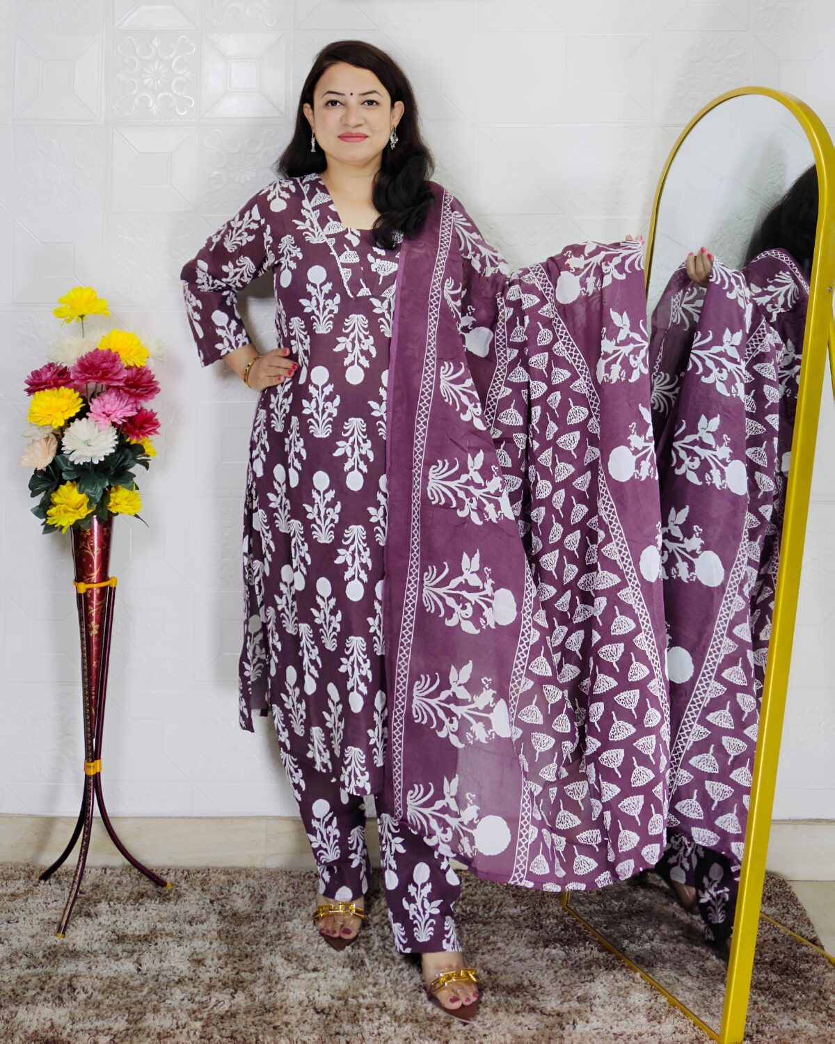 Dark wine printed pure cotton 3 piece suit set for women with traditional design