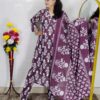 Dark wine printed pure cotton 3 piece suit set for women with traditional design