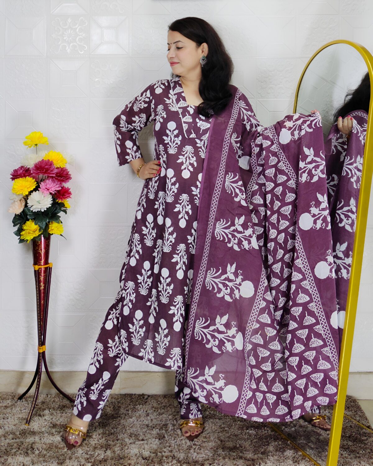 Dark wine printed pure cotton 3 piece suit set for women with traditional design