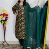 Green leaf printed rayon cotton 3 piece suit set for women