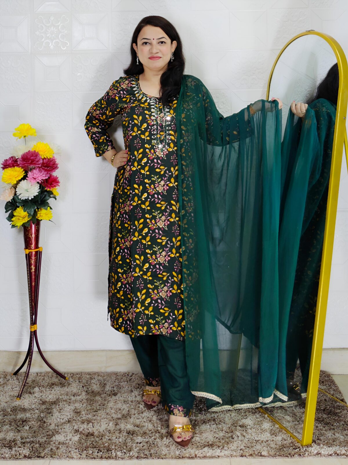 Green leaf printed rayon cotton 3 piece suit set for women