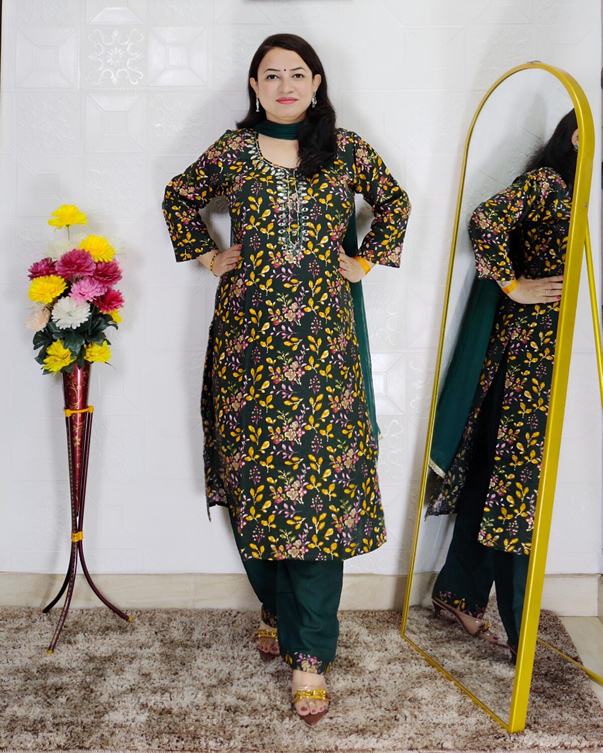 Green leaf printed rayon cotton 3 piece suit set for women