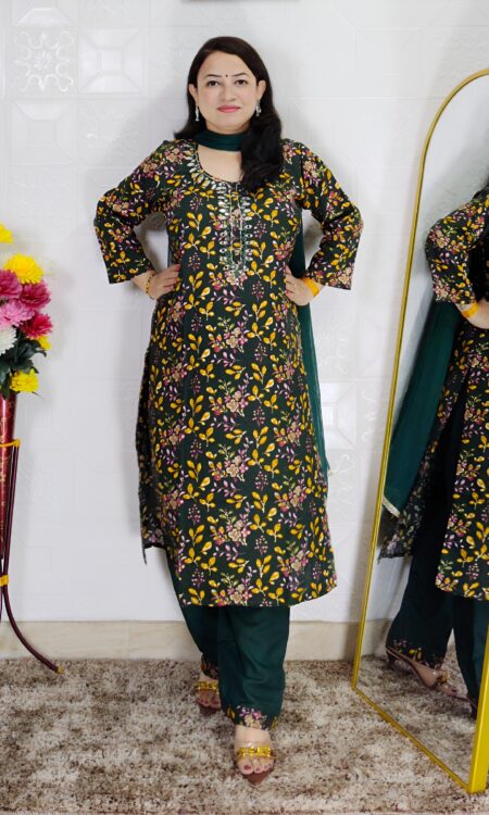 Green leaf printed rayon cotton 3 piece suit set for women