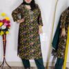 Green leaf printed rayon cotton 3 piece suit set for women