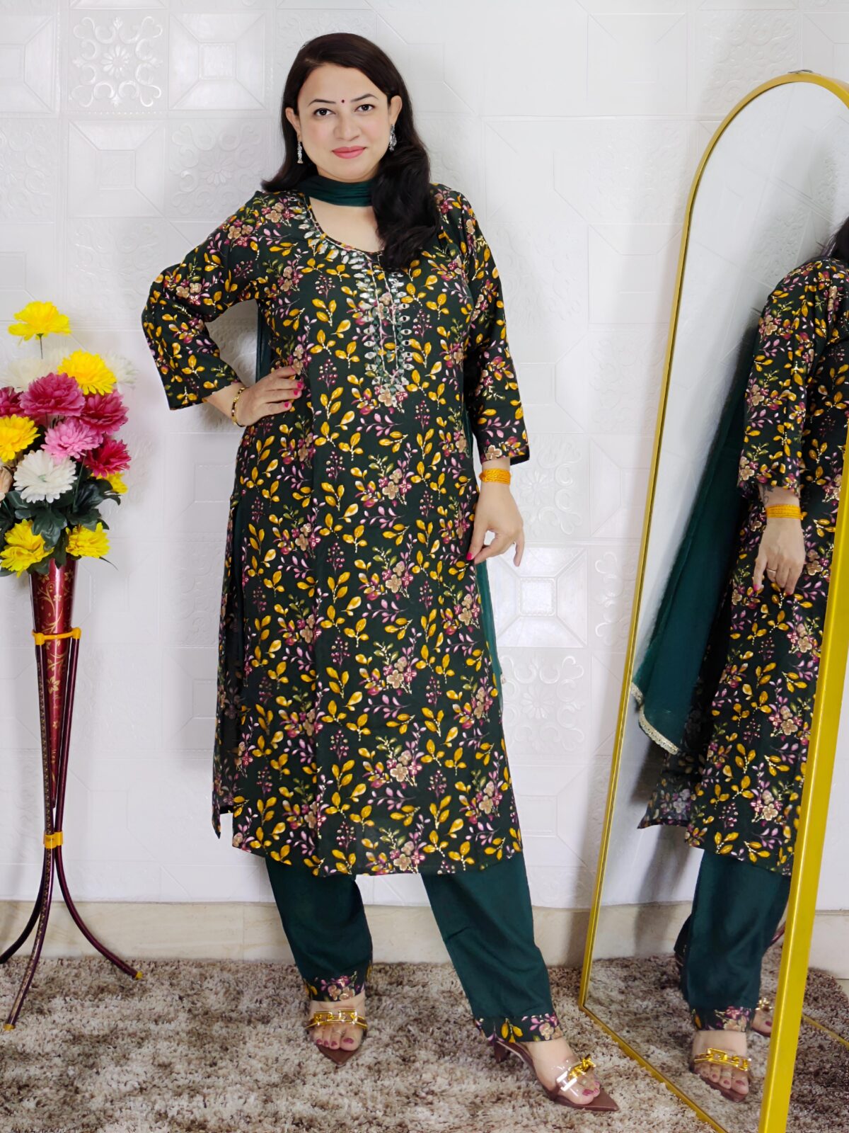 Green leaf printed rayon cotton 3 piece suit set for women