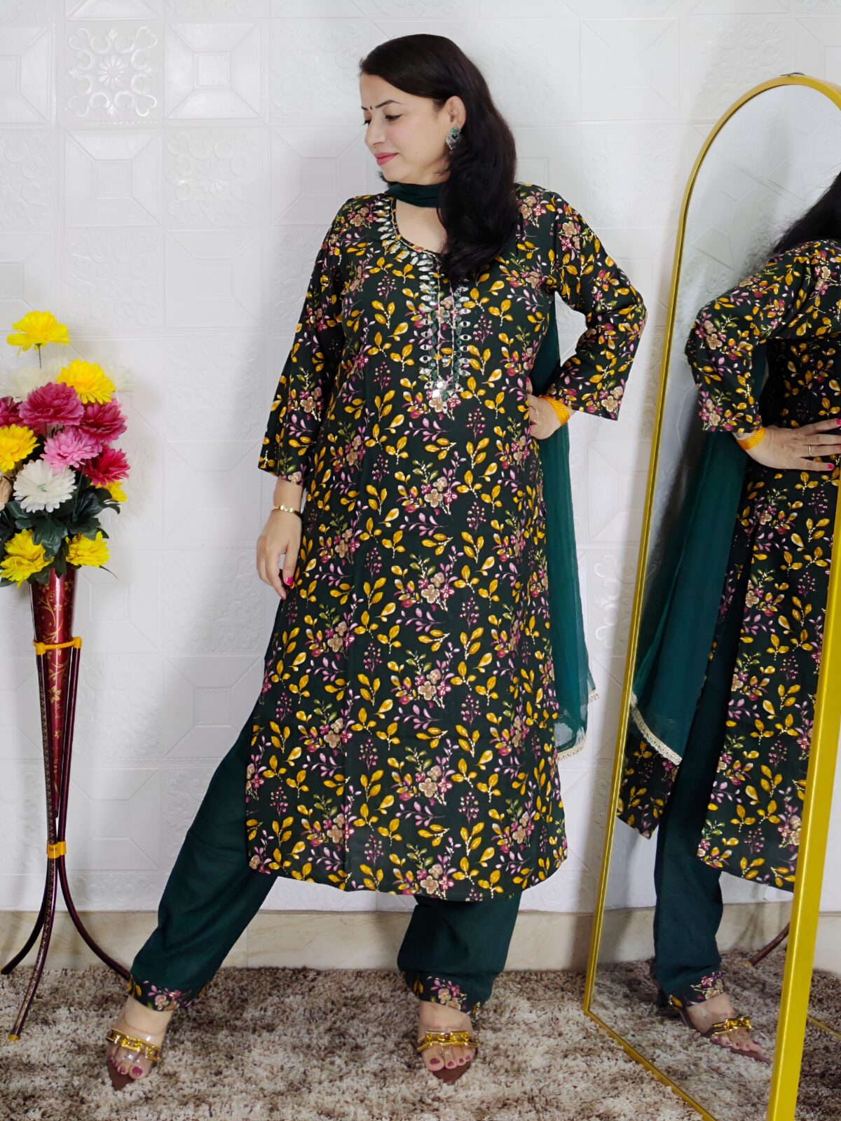 Green leaf printed rayon cotton 3 piece suit set for women