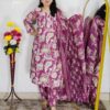 Wine and purple floral printed cotton 3 piece suit set for women with dupatta