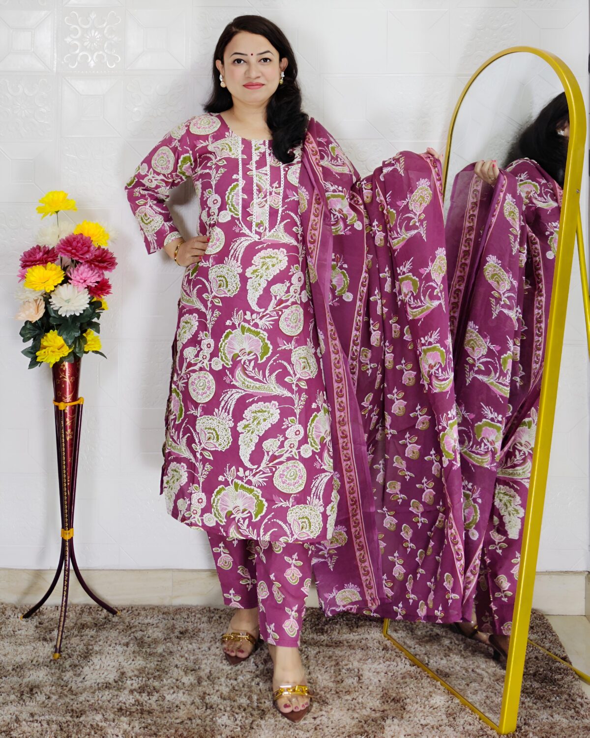 Wine and purple floral printed cotton 3 piece suit set for women with dupatta