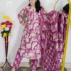 Wine and purple floral printed cotton 3 piece suit set for women with dupatta