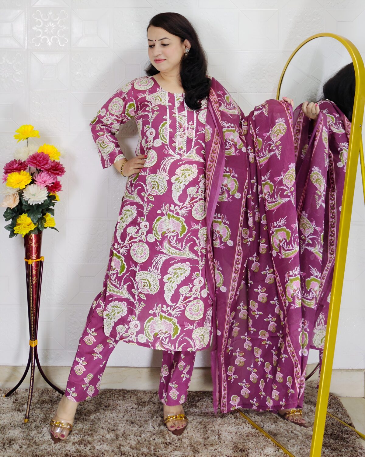 Wine and purple floral printed cotton 3 piece suit set for women with dupatta