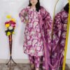 Wine and purple floral printed cotton 3 piece suit set for women with dupatta