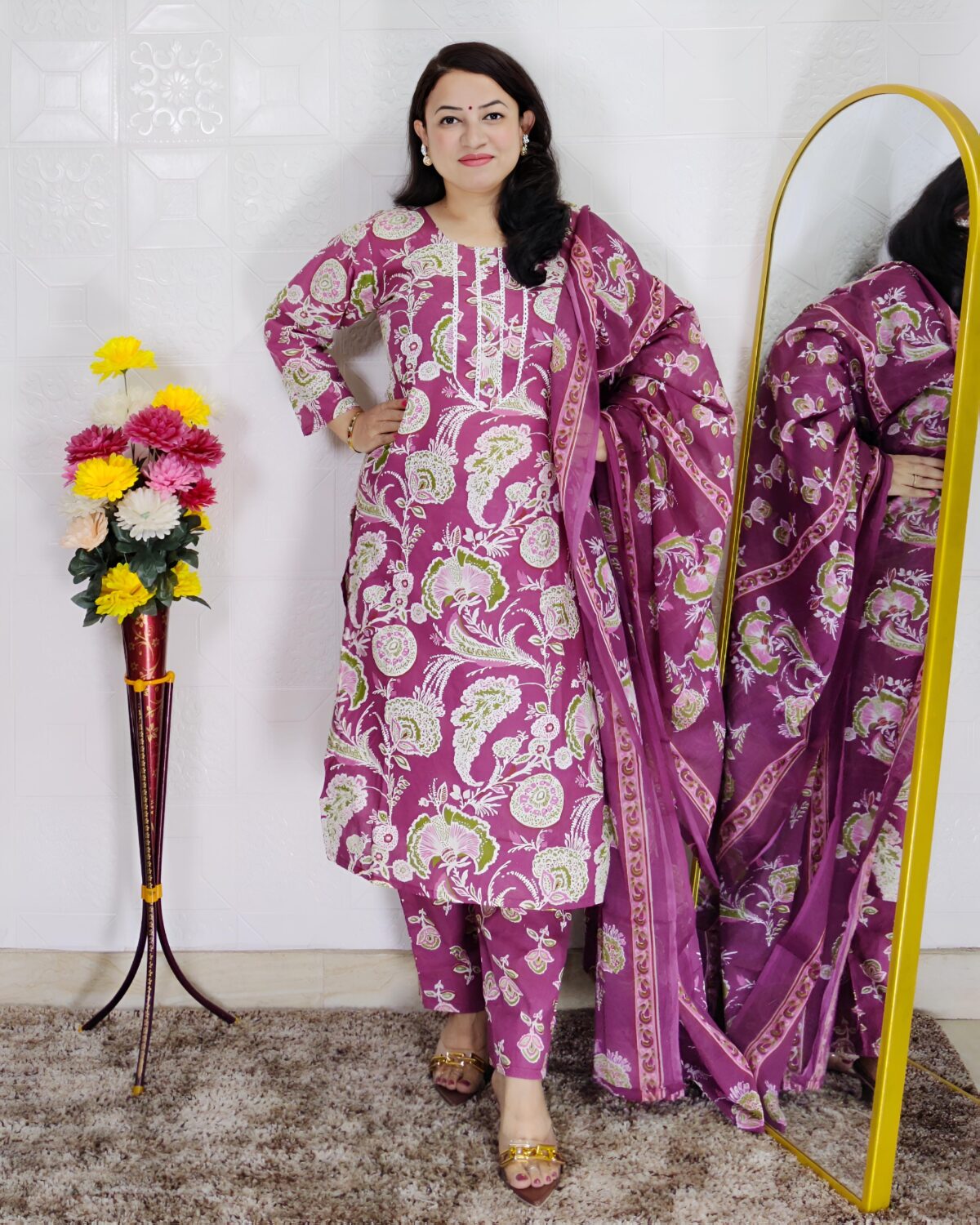 Wine and purple floral printed cotton 3 piece suit set for women with dupatta