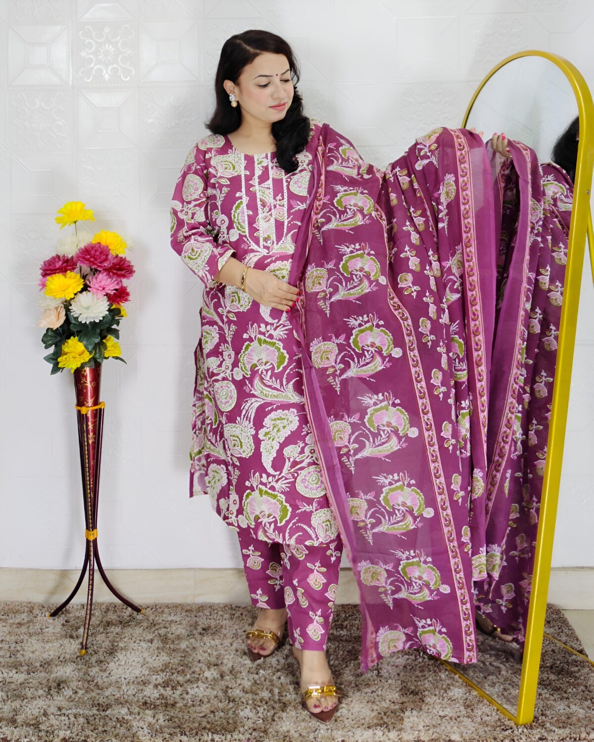 Wine and purple floral printed cotton 3 piece suit set for women with dupatta