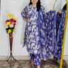 Wine and purple floral printed cotton 3 piece suit set for women with dupatta