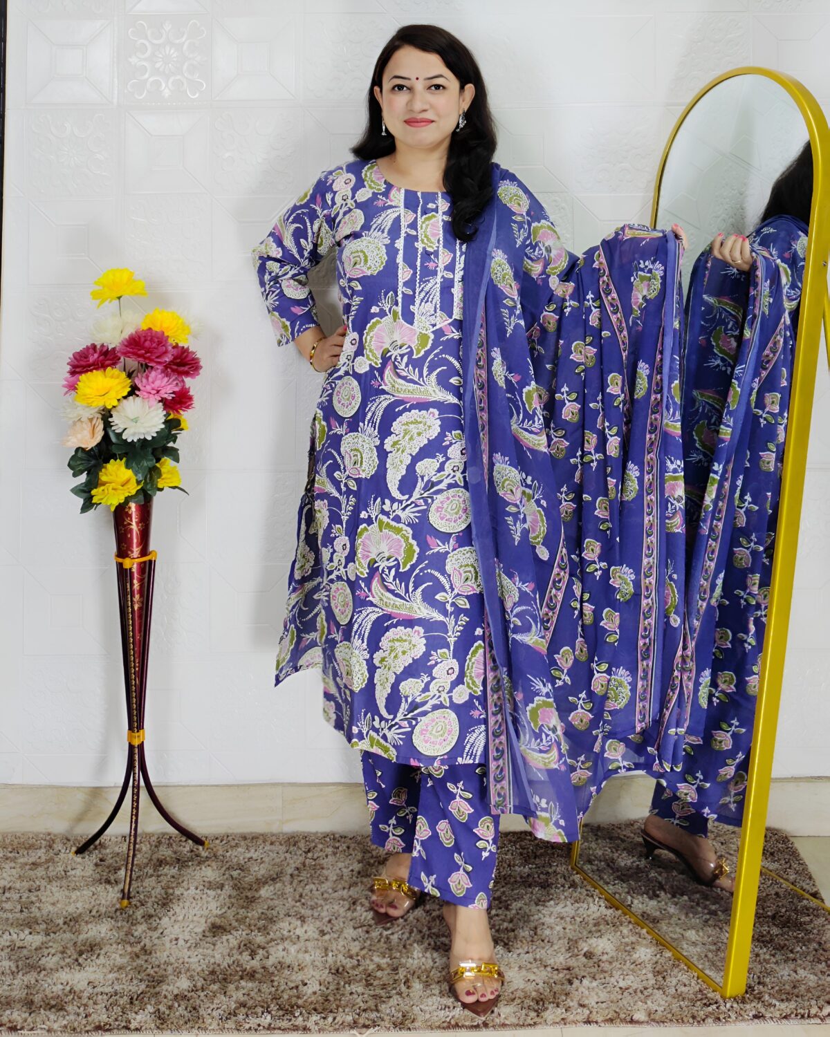 Wine and purple floral printed cotton 3 piece suit set for women with dupatta