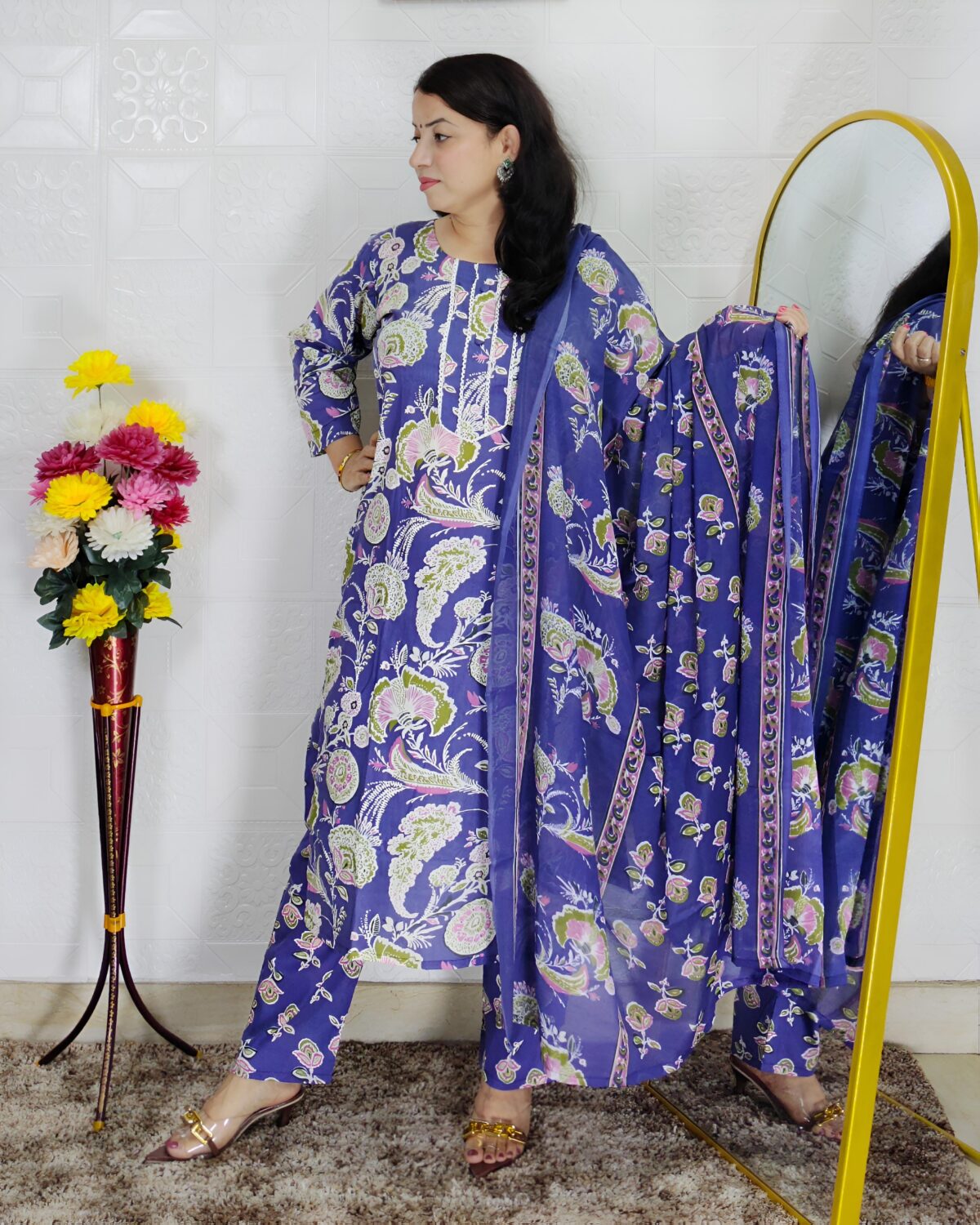 Wine and purple floral printed cotton 3 piece suit set for women with dupatta