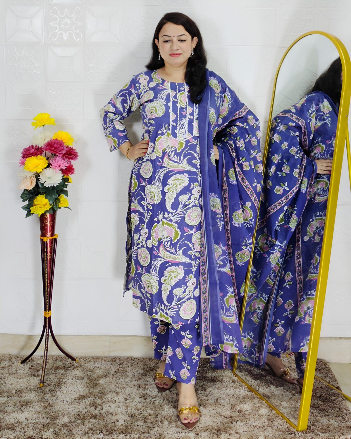 Wine and purple floral printed cotton 3 piece suit set for women with dupatta
