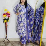 Wine and purple floral printed cotton 3 piece suit set for women with dupatta