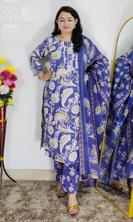Wine and purple floral printed cotton 3 piece suit set for women with dupatta