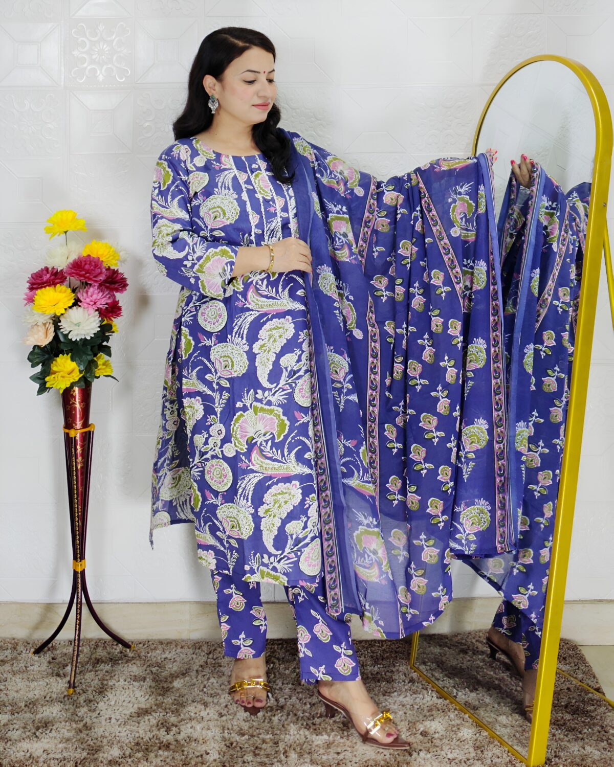 Wine and purple floral printed cotton 3 piece suit set for women with dupatta