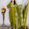 Mehndi green Dabu printed cotton 3 piece suit set for women with dupatta