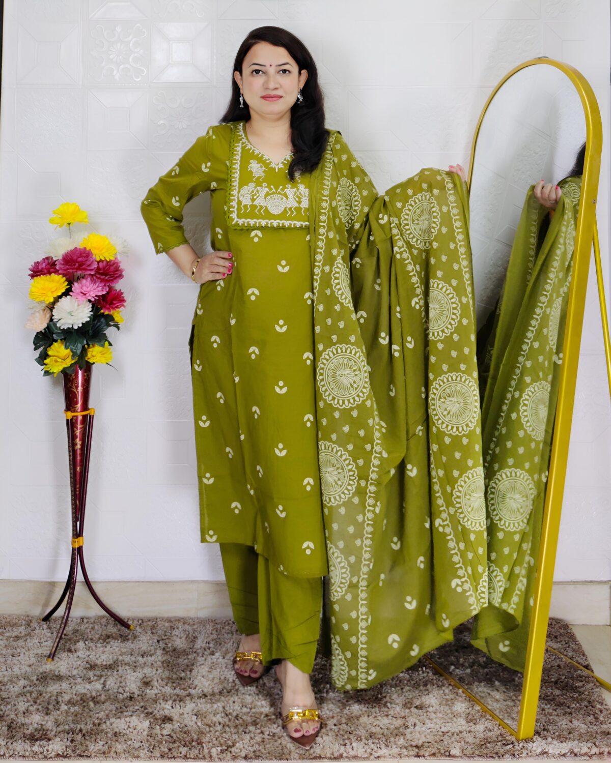Mehndi green Dabu printed cotton 3 piece suit set for women with dupatta