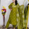 Mehndi green Dabu printed cotton 3 piece suit set for women with dupatta