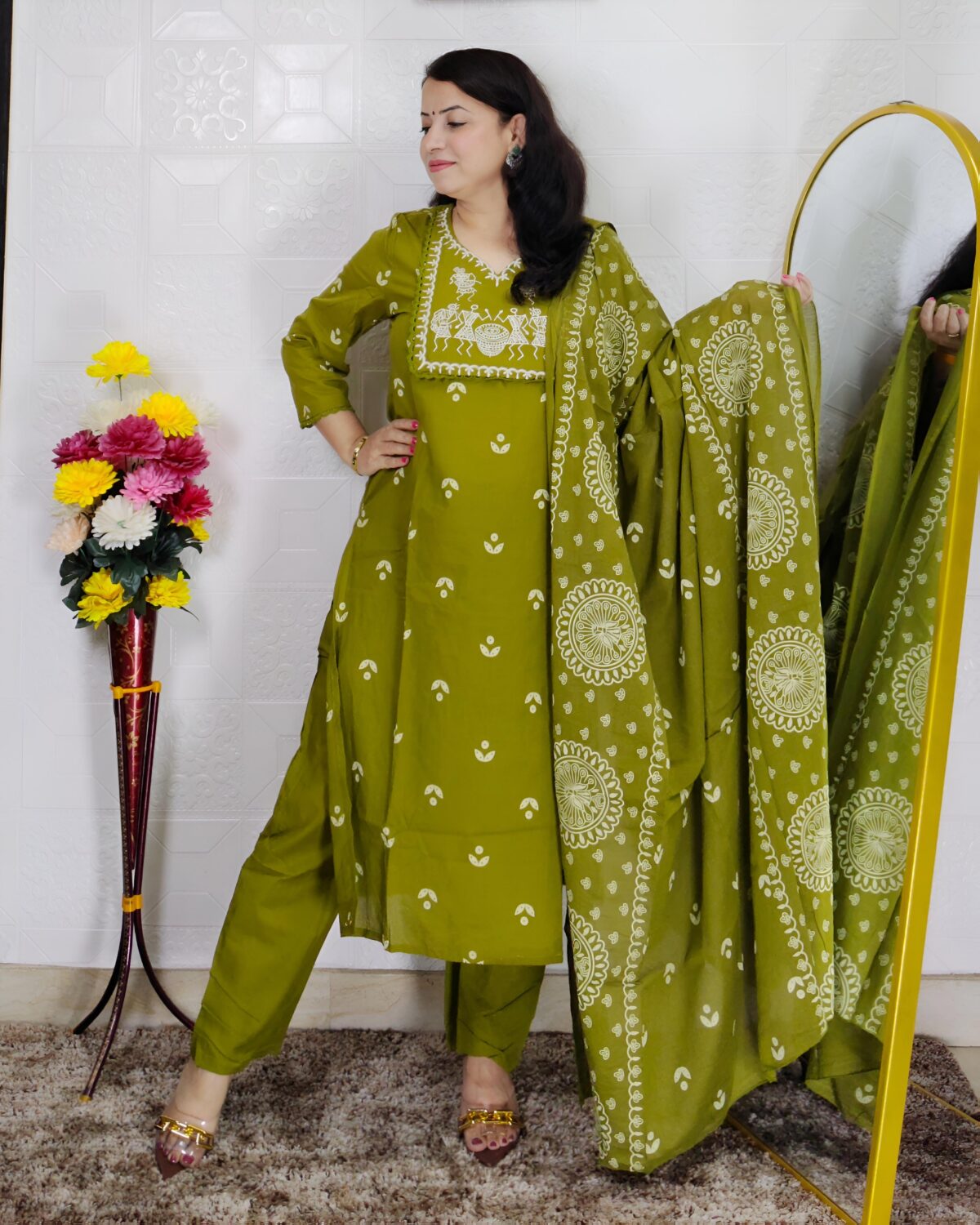 Mehndi green Dabu printed cotton 3 piece suit set for women with dupatta