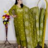 Mehndi green Dabu printed cotton 3 piece suit set for women with dupatta