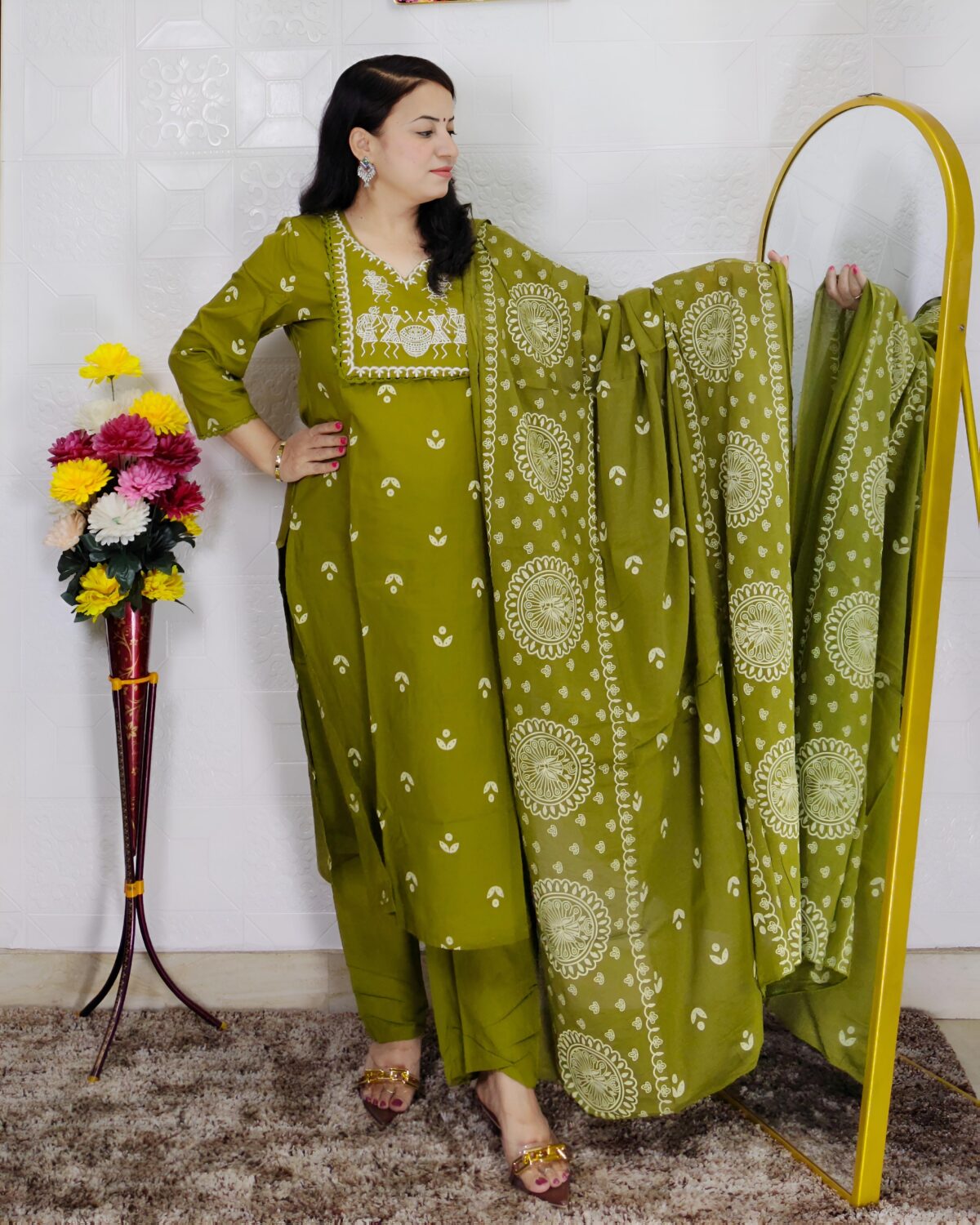 Mehndi green Dabu printed cotton 3 piece suit set for women with dupatta