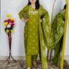 Mehndi green Dabu printed cotton 3 piece suit set for women with dupatta