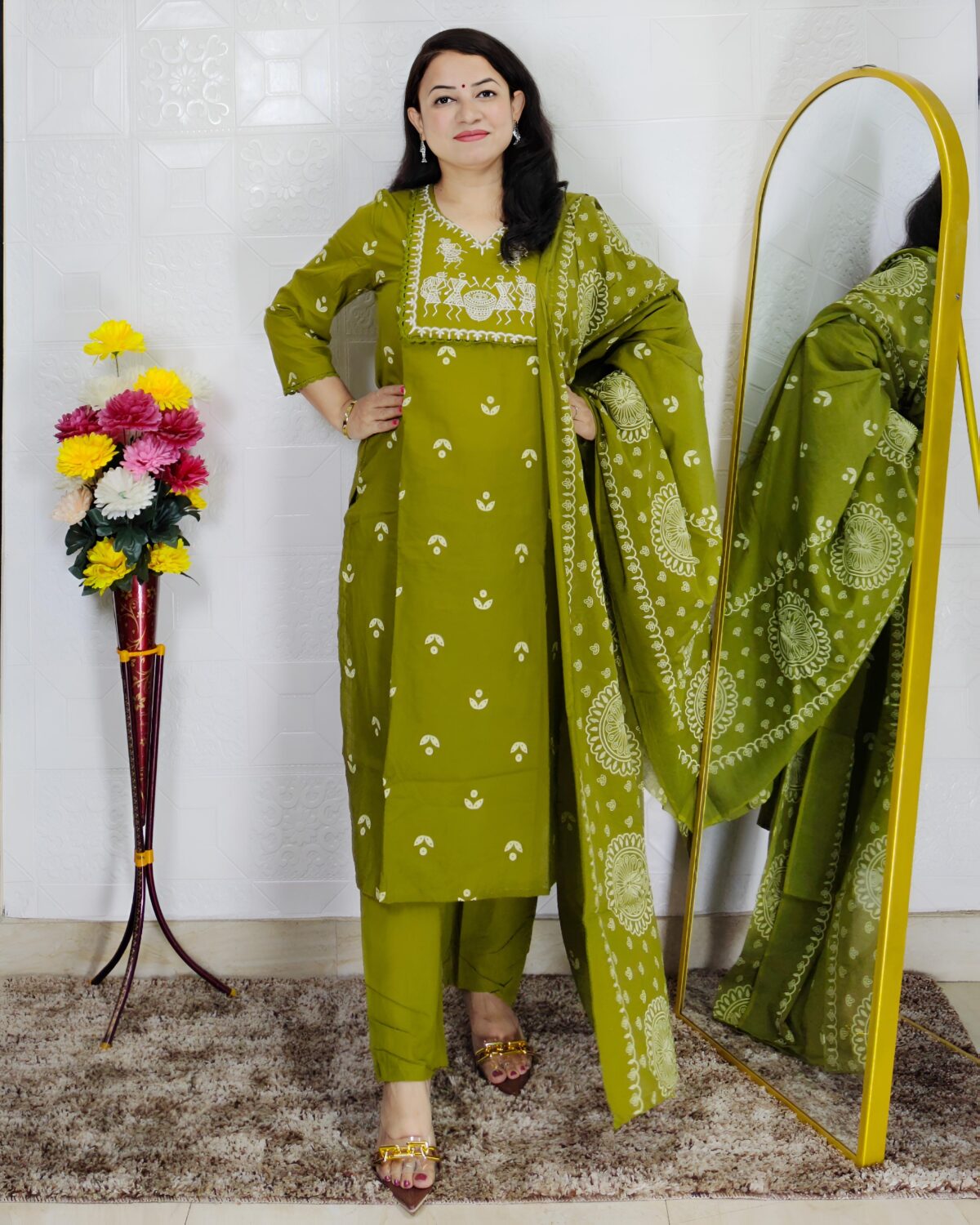 Mehndi green Dabu printed cotton 3 piece suit set for women with dupatta