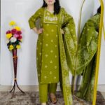 Mehndi Green Dabu Printed 3 Piece Suit – Traditional Ethnic Wear – Pure Cotton – Women