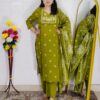 Mehndi green Dabu printed cotton 3 piece suit set for women with dupatta