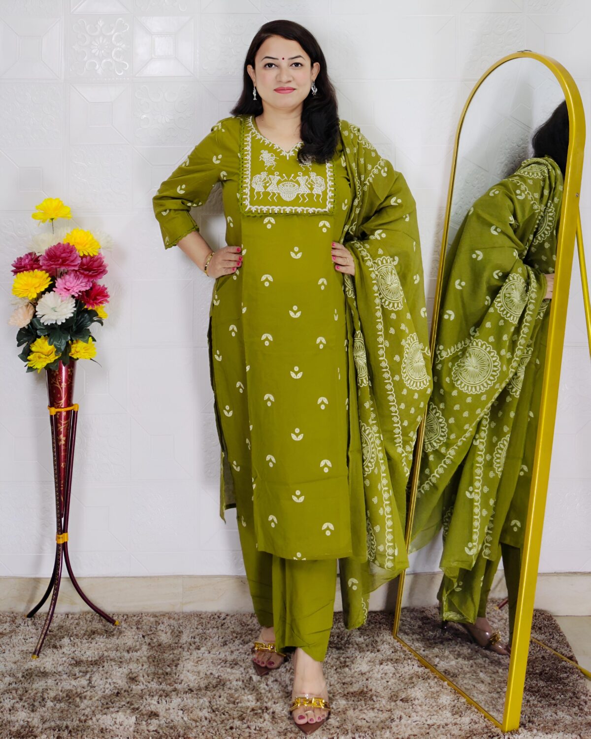 Mehndi green Dabu printed cotton 3 piece suit set for women with dupatta