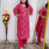 Pink bandhani printed cotton 3 piece suit set for women with tassel neckline